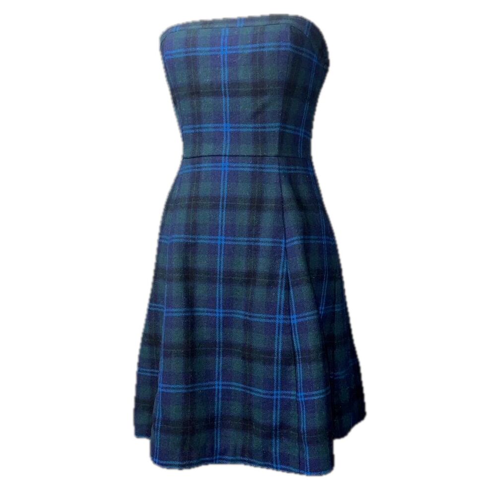 American eagle Strapless Plaid Mini Dress Fall Winter Blue Green Plaid Size 6